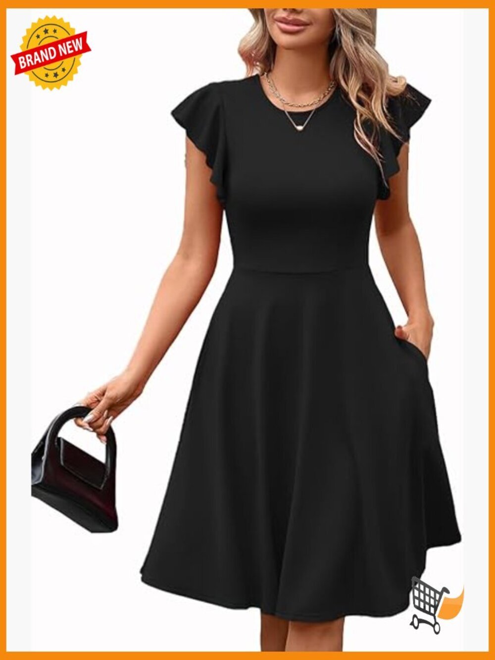 Women's Fit and Flare Ruffle Short Sleeve Work Dress with Pockets A-Line V-Back